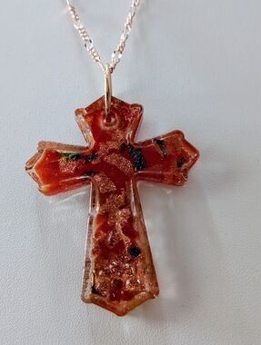 26"Murano Red/Gold Fleck Glass Venetian Reflection Cross Figaro RoseGold Chain